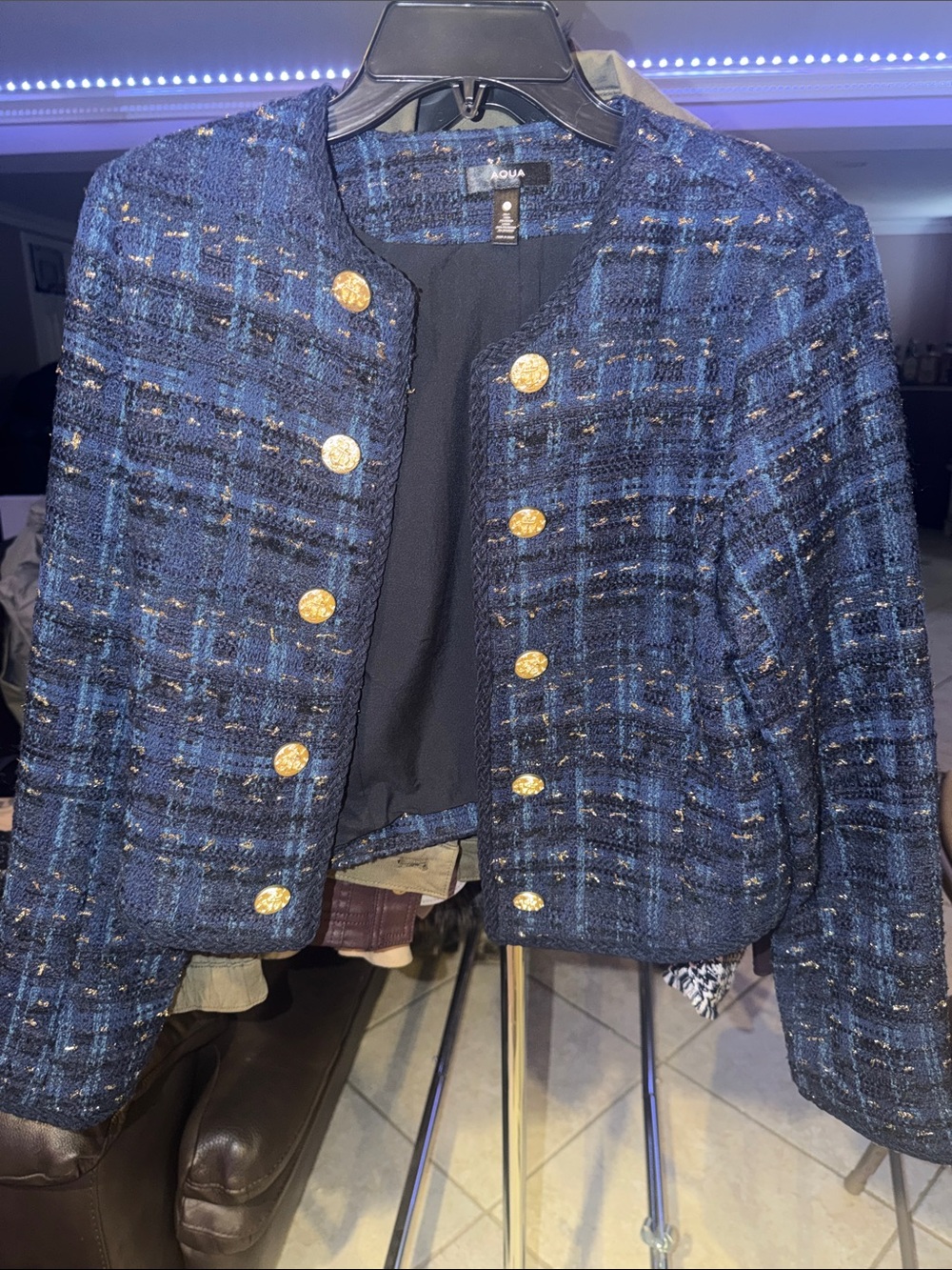 Aqua Navy Tweed Blazer with Gold Buttons